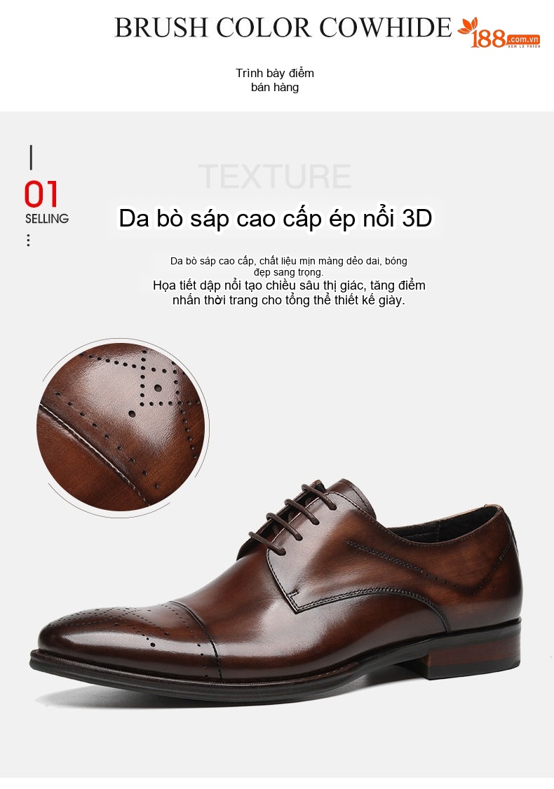Giày Tây Buộc Dây Nam Da Bóng Đế Phát Sáng Nhẹ Chiều Cao Đế Khoảng 3cm Màu Nâu, Đen chi tiết 3