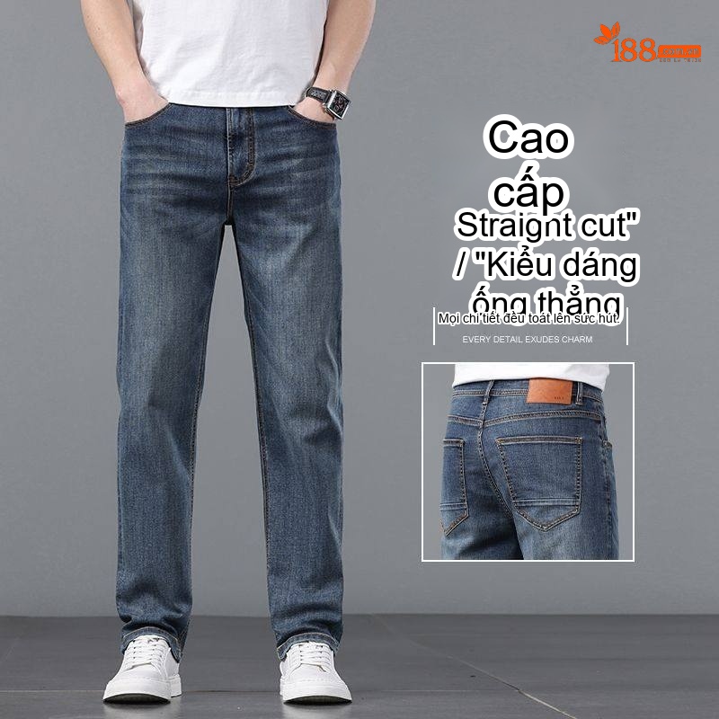 Quần Jean Nam Ống Đứng Co Giãn Lyocell Tencel Màu Xanh Dương