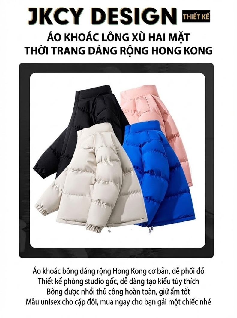 Áo Khoác Bông Nam Nữ Cổ Trụ Lót Lông Hai Mặt Dày Dặn Màu Trắng, Đen, Hồng, Xanh... chi tiết 2
