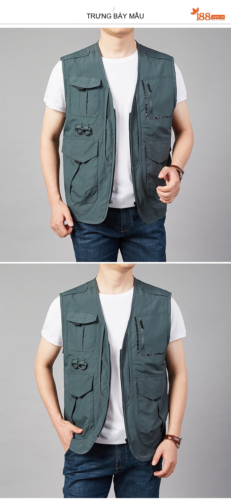 Áo Gile Nam Túi Hộp Outdoor Phong Cách Thể Thao Màu Xanh Rêu, Xanh Navy, Nâu, Đen chi tiết 4