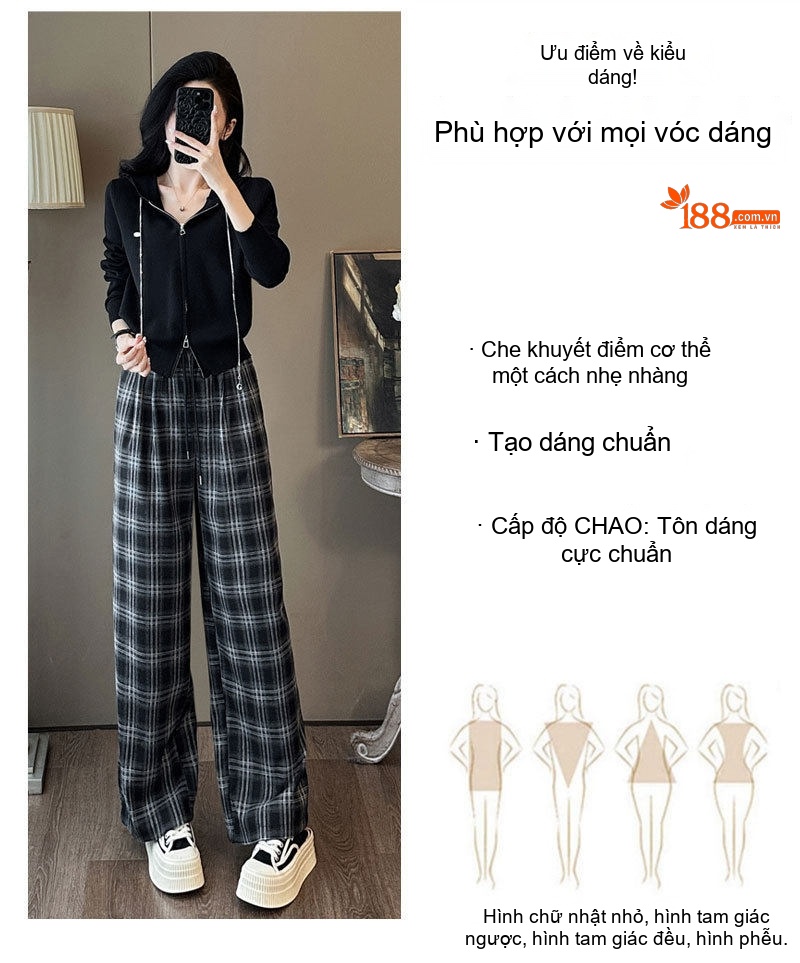 Set Bộ Áo Khoác Lửng Nữ Quần Ống Rộng Caro Phong Cách Trẻ Trung Màu Đen, Xám chi tiết 2