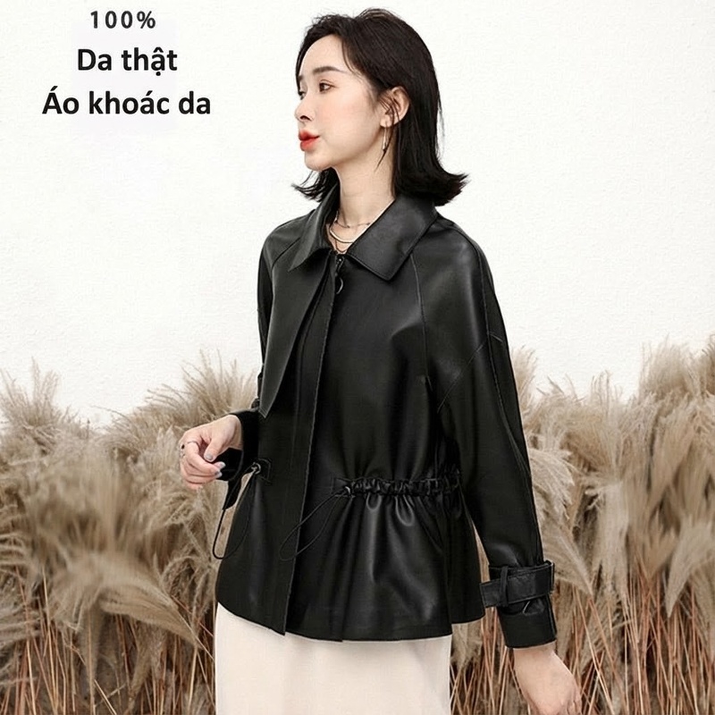 Áo Khoác Da Cừu Nữ Da Thật Dáng Ngắn Chiết Eo Màu Đen