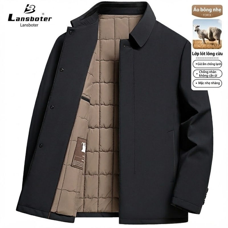 Áo Khoác Cotton Nam Cổ Bẻ Lót Bông Giữ Ấm Phong Cách Doanh Nhân Màu Đen