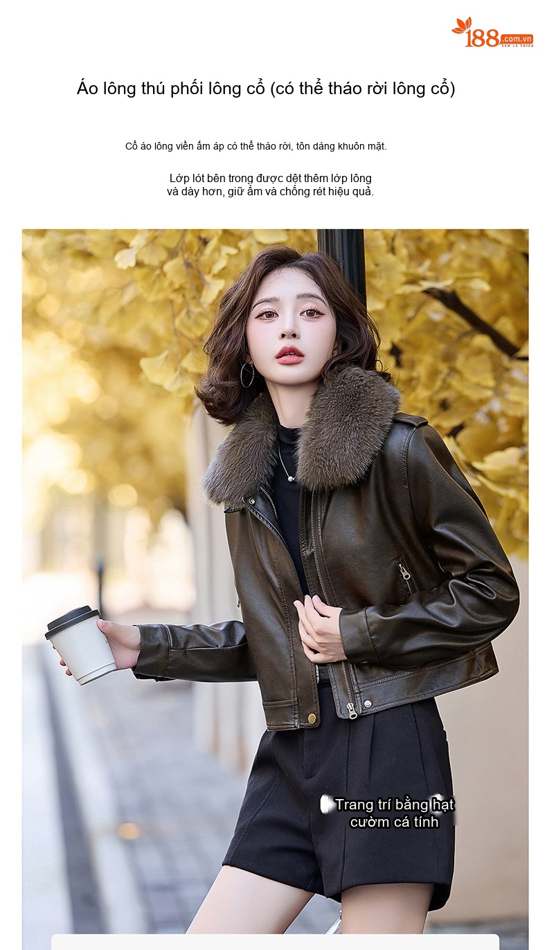 Áo Khoác Da PU Nữ Cổ Lông Dày Dặn Kiểu Bomber Màu Nâu, Trắng chi tiết 9