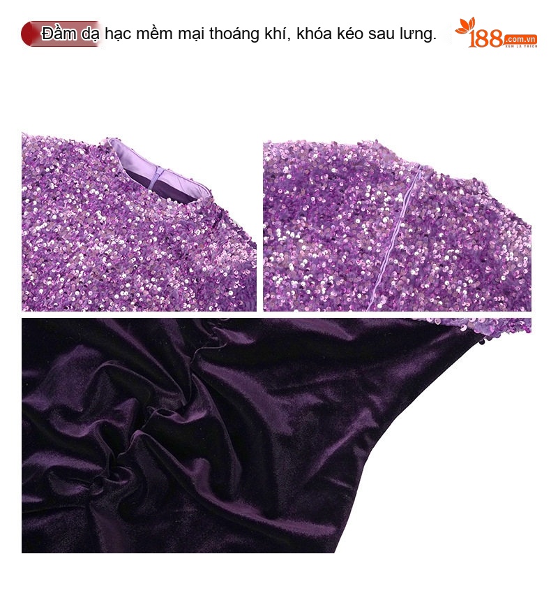 Váy Dạ Hội Nữ Cổ Tròn Tay Dài Đính Kim Sa Lấp Lánh Dáng Ôm Đuôi Cá Màu Đen, Tím chi tiết 5