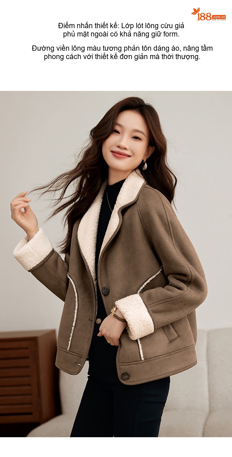 Áo Khoác Nữ Da Lộn Lông Cừu Non Dày Dặn Giữ Ấm Phong Cách Thời Trang Màu Nâu chi tiết 6