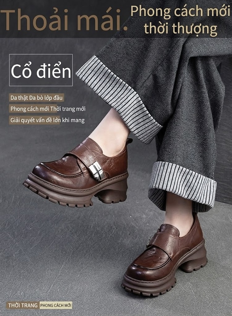 Giày Loafer Nữ Da Mờ Đế Bánh Mì Chiều Cao Đế Khoảng 5cm Màu Đen, Nâu chi tiết 1