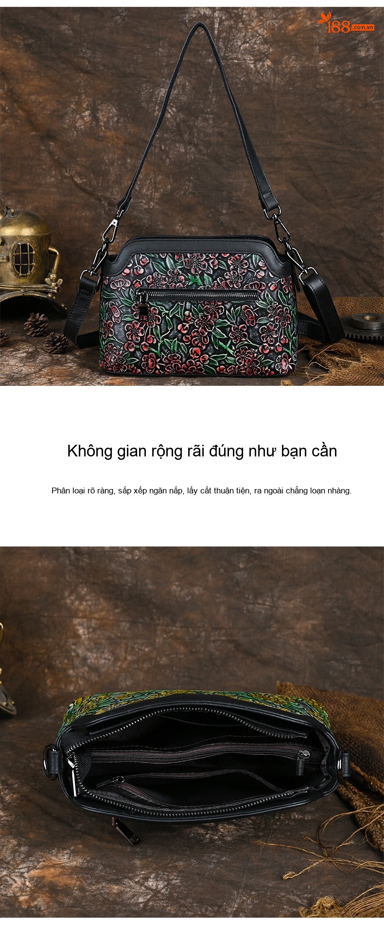 Túi Đeo Chéo Nữ Da Bò Dập Hoa Thủ Công Vintage Màu Đen, Xanh Lá, Vàng, Đỏ chi tiết 8
