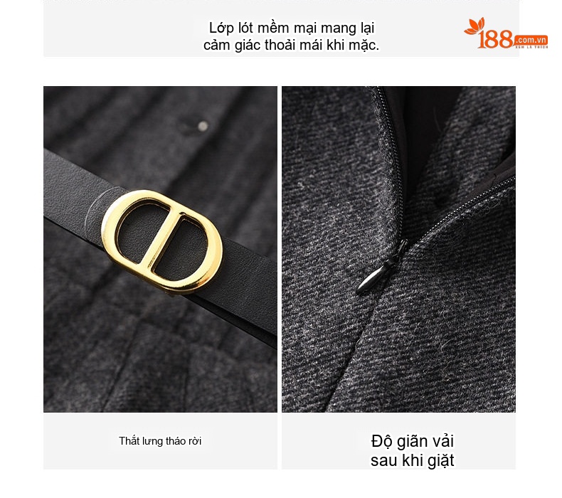 Váy liền thân Nữ Dáng Xòe Thu Đông Chất Liệu Len Lông Cừu Họa Tiết Xương Cá Eo Ôm Phong Cách Pháp Màu Xám chi tiết 12