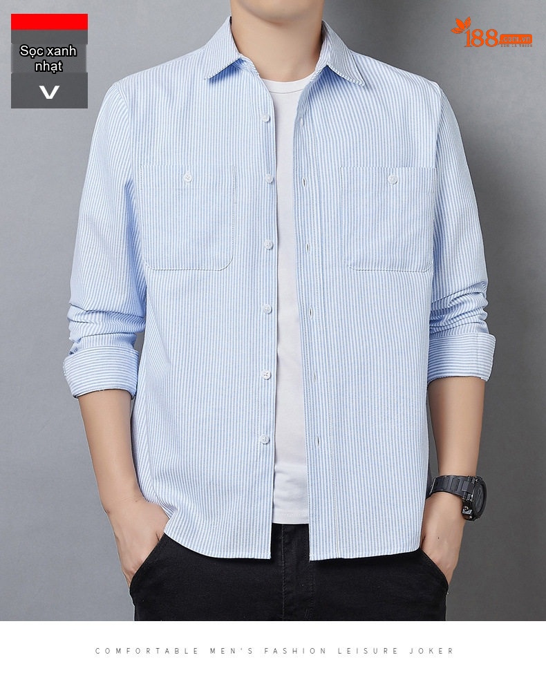 Áo Sơ Mi Dài Tay Nam Cotton Dáng Rộng Phong Cách Công Sở Màu Xanh Nhạt, Xám chi tiết 15