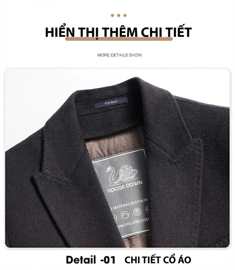 Áo Khoác Dạ Nam Lông Vũ Tháo Rời Dáng Dài Màu Đen, Nâu chi tiết 26