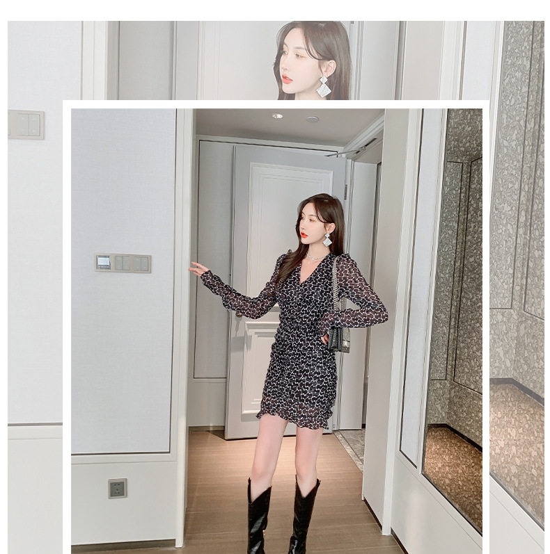 Váy Ôm Body Nữ Cổ chữ V In Họa Tiết Tay Bồng Viền Bèo Phong Cách Pháp Màu Đen Trắng chi tiết 1