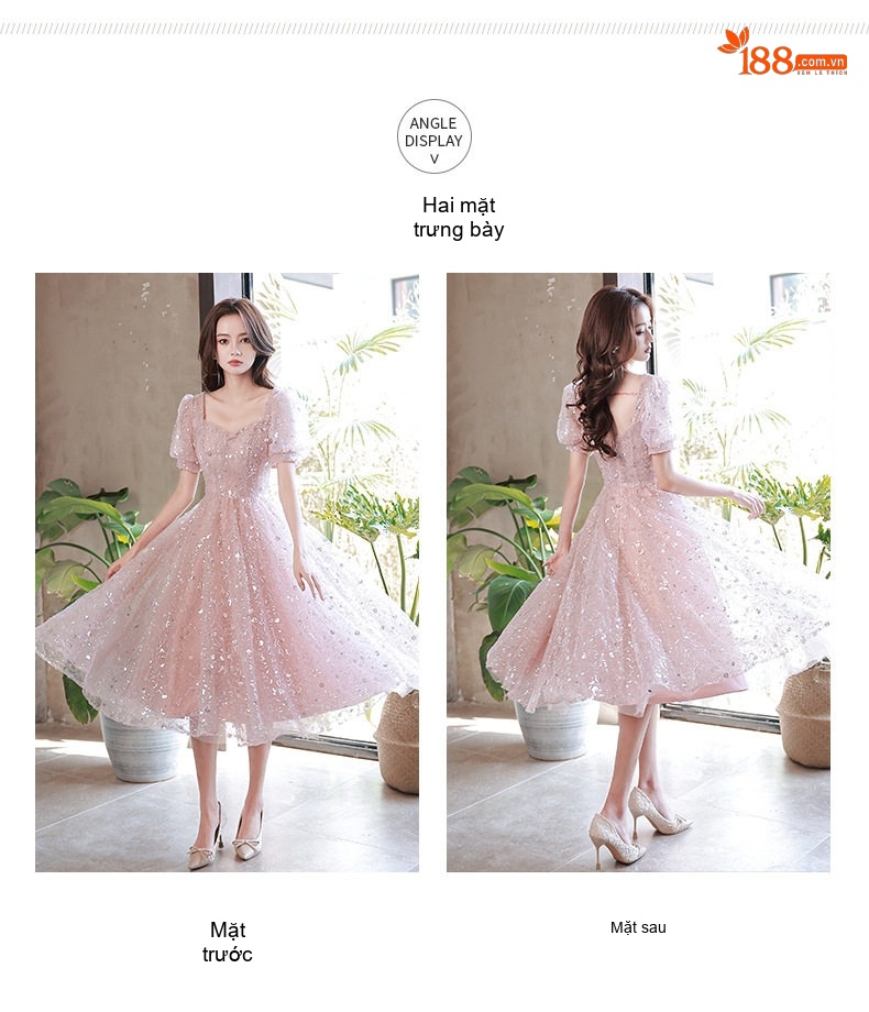 Váy Dự Tiệc Nữ dáng chữ A Tay Bồng Thường Ngày/Đi Tiệc Màu Hồng chi tiết 5