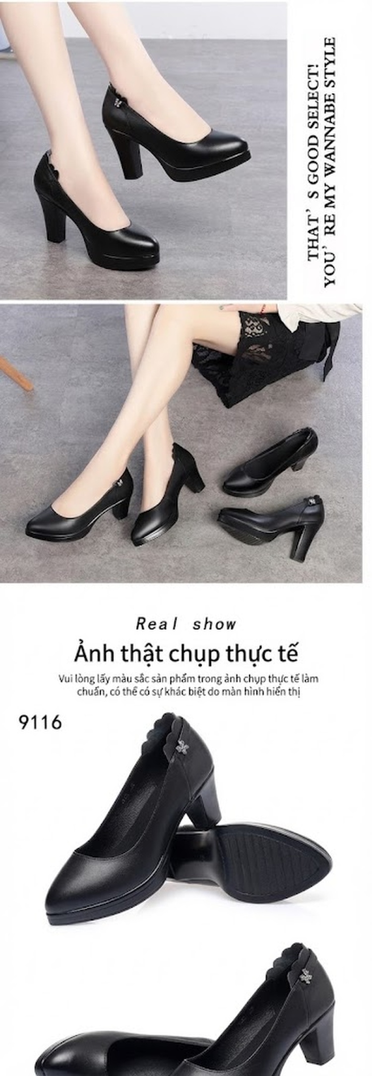 Giày Cao Gót Nữ Da Bóng Công Sở Chiều Cao Đế Khoảng 7cm Màu Đen chi tiết 11