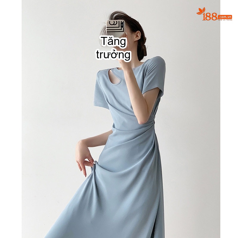 Váy liền thân Nữ Tay Ngắn Dáng Suông Chiết Eo Màu Xám