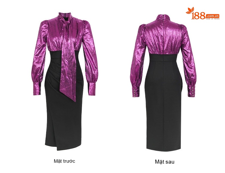 Váy Liền Thân Nữ Thiết Kế Giả Hai Lớp Thắt Eo Nơ Bướm Phong Cách Quý Cô Màu Đen, Nâu chi tiết 7