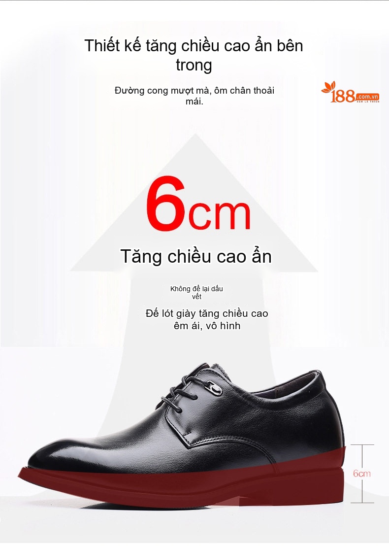 Giày Tây Buộc Dây Nam Da Bò Chiều Cao Đế Khoảng 3cm Màu Đen chi tiết 2