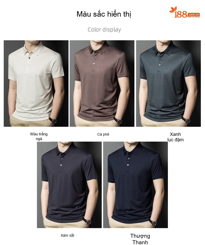 Áo Polo Nam Tay Ngắn Lụa Tằm Màu Trắng, Xanh Navy, Xám, Nâu chi tiết 6