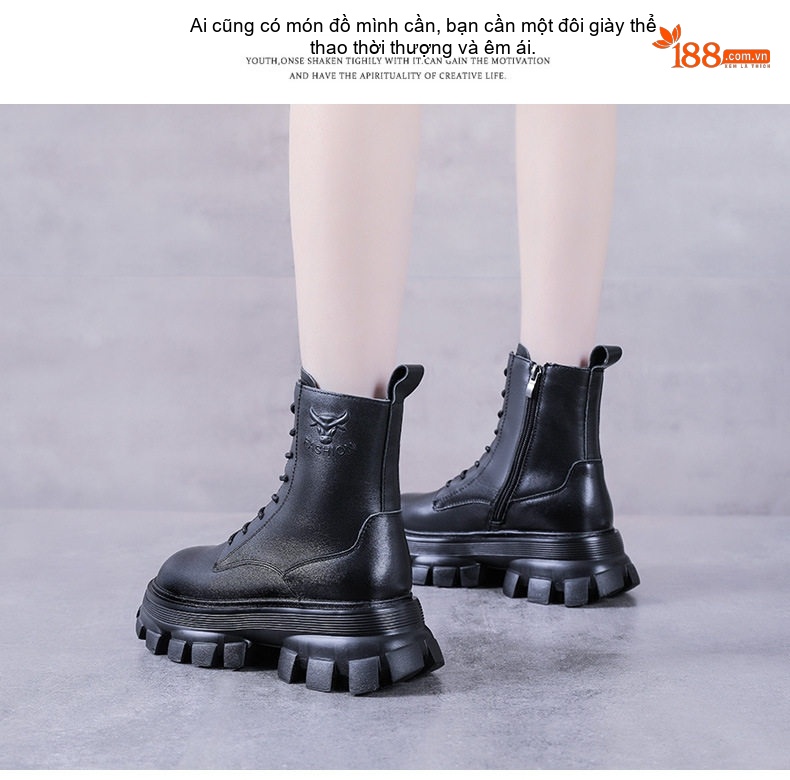 Giày Boot Martin Nữ Da Bò Lót Lông Chiều Cao Đế Khoảng 4cm Phong Cách Anh Quốc Màu Đen chi tiết 16