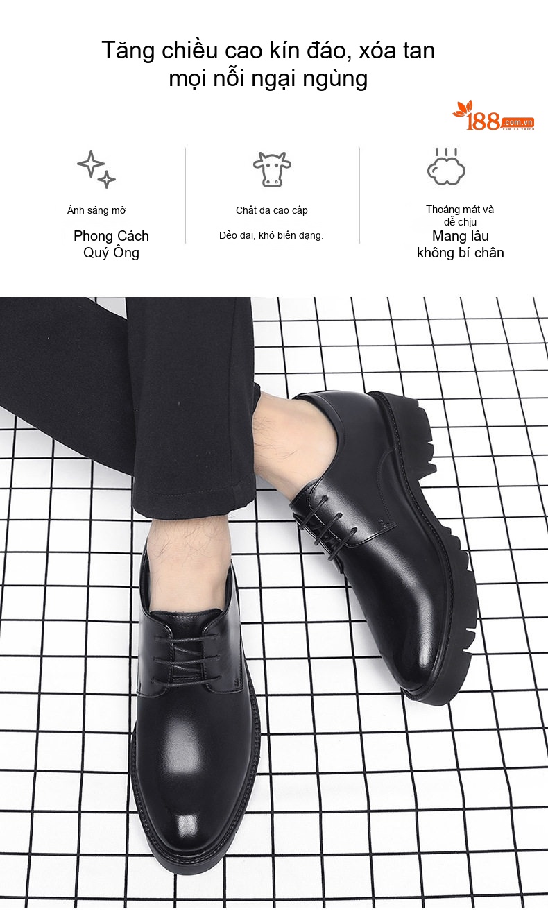 Giày Tây Buộc Dây Nam Da Bò Chiều Cao Đế 8cm Phong Cách Anh Quốc Màu Đen chi tiết 10