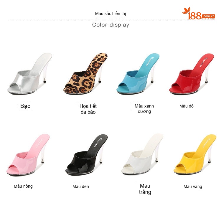 Dép Gót Nhọn Nữ Da Bóng Hở Mũi Chiều Cao Đế 11cm Màu Đen, Đỏ, Da Báo, Xanh... chi tiết 3