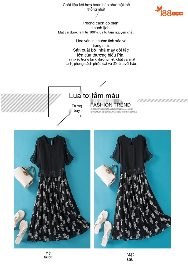 Váy Lụa Tằm Thượng Hạng Thêu Tay Ngắn Tay Dáng Dài Màu Đen chi tiết 3