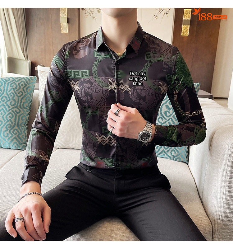 Áo Sơ Mi Nam Tay Dài Họa Tiết Hoa Văn Phong Cách Retro Màu Đen, Đỏ, Xám, Xanh Lá chi tiết 15