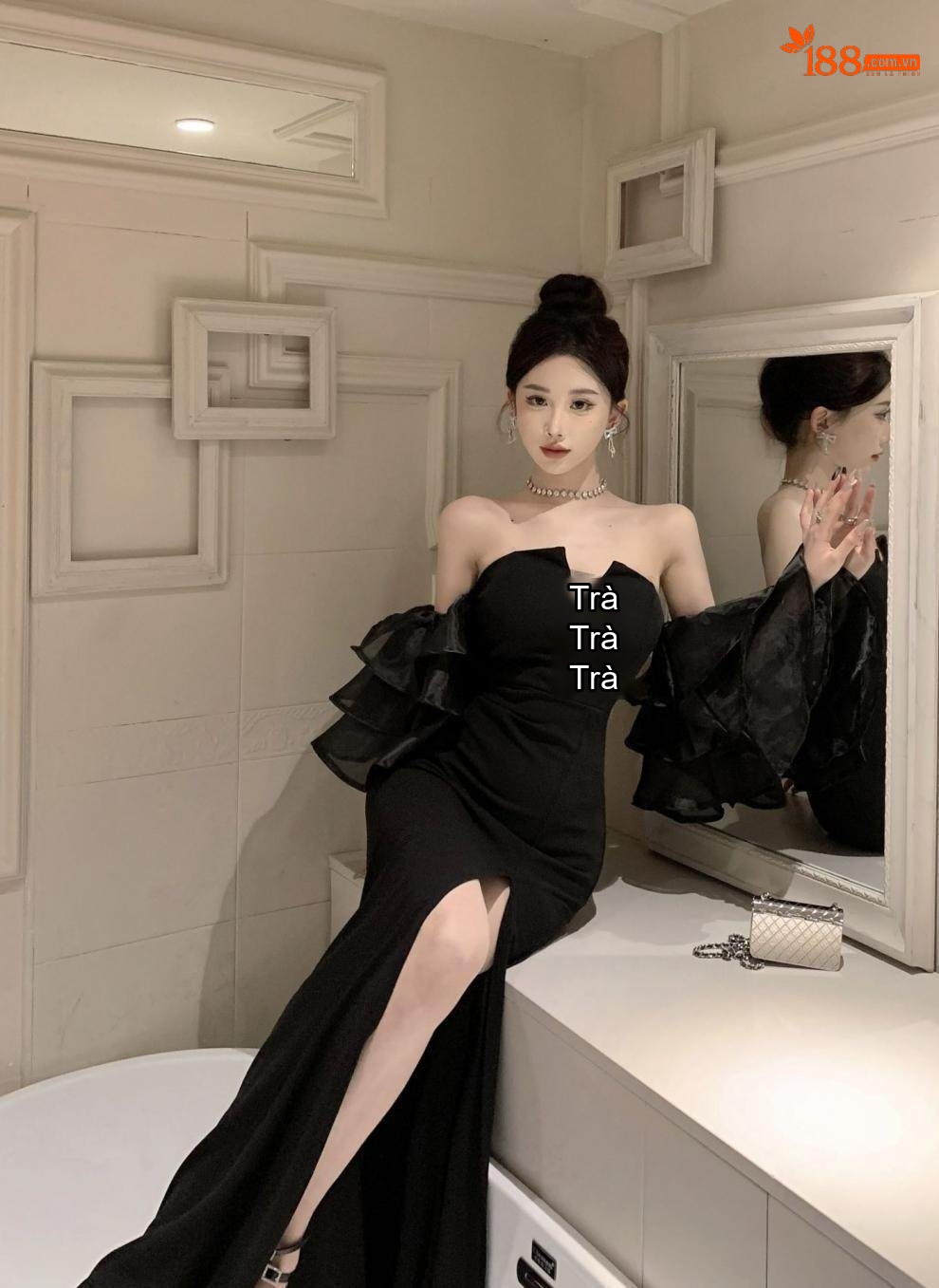Váy Đầm Dự Tiệc Nữ Hở Vai Tay Loa Xẻ Tà Kiểu Dáng Sang Trọng Màu Đen chi tiết 9