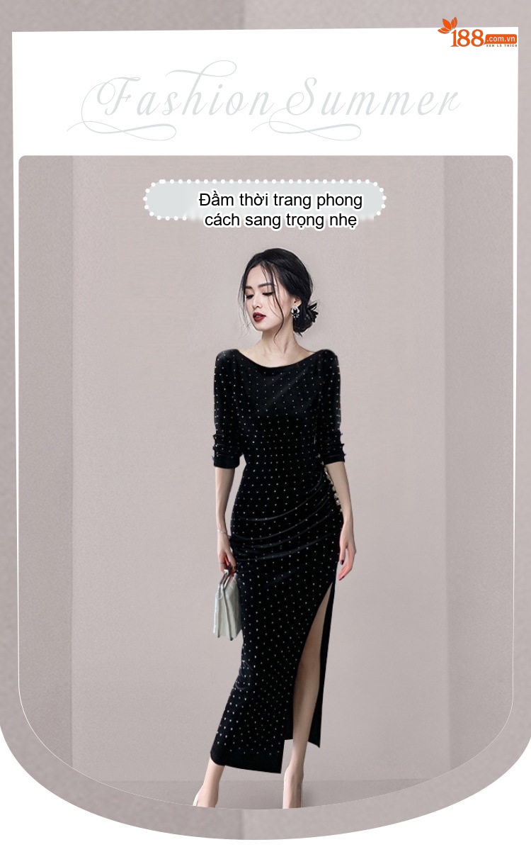 Váy Đầm Nữ Kim Tuyến Thiết Kế Xẻ Tà Đính Đá Cổ Tròn Màu Đen chi tiết 1