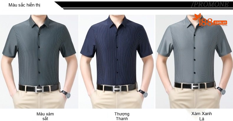 Áo Sơ Mi Nam Trung Niên Lụa Tằm Ngắn Tay Họa Tiết Kẻ Sọc Chống Nhăn Màu Xám, Xanh Đen chi tiết 4