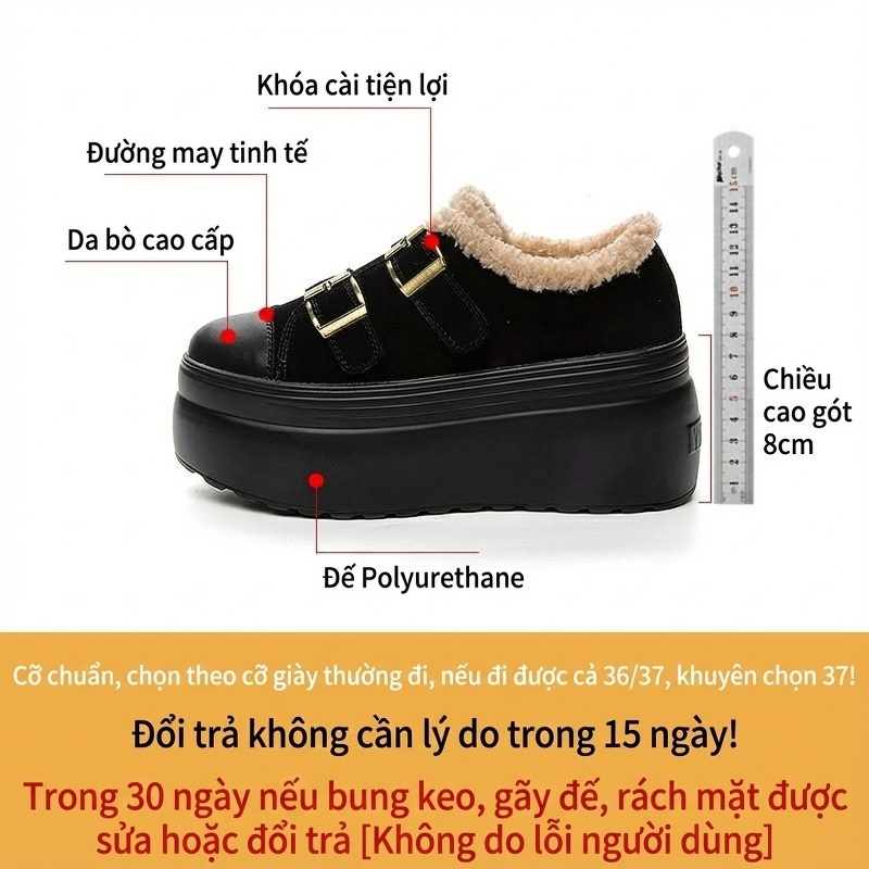 Giày Búp Bê Nữ Da Mờ Quai Dán Chiều Cao Đế 8cm Lót Lông Màu Đen, Nâu