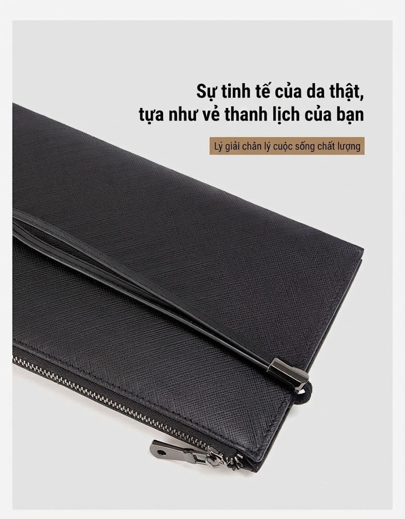 Ví Cầm Tay Nam Da Bò Vân Sọc Chữ Thập Siêu Mỏng Phong Cách Business Màu Đen chi tiết 5