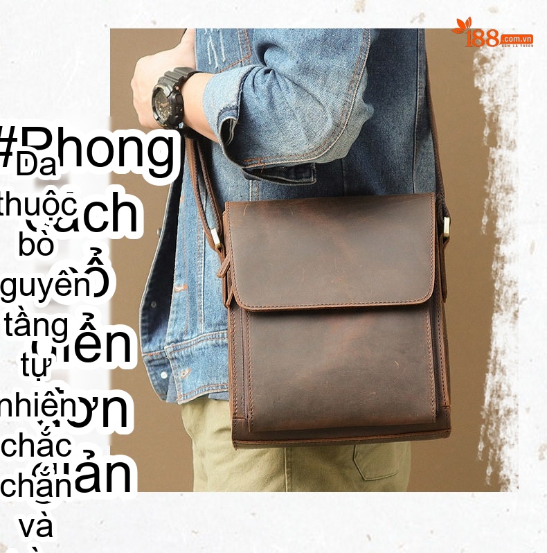 Túi Đeo Chéo Nam Da Thật Lớn Phong Cách Retro Màu Nâu chi tiết 2