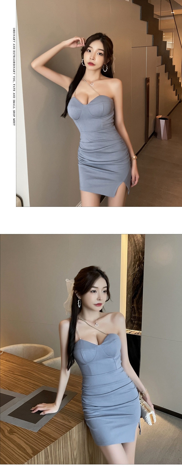 Váy Ngắn Nữ Hai Dây Hở Lưng Ôm Body Xẻ Tà Phong Cách Bar Màu Xanh, Vàng, Trắng, Xám chi tiết 6