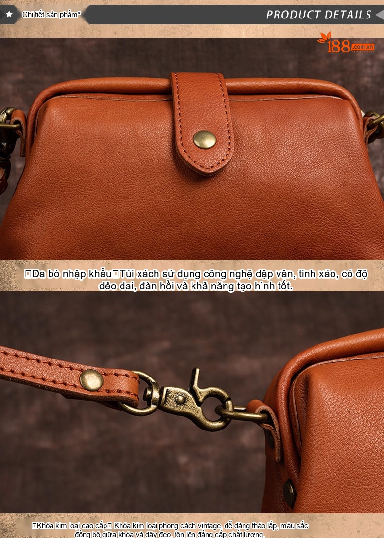 Túi Đeo Chéo Nữ Da Bò Thủ Công Vintage Dáng Nhỏ Màu Nâu, Đỏ chi tiết 14