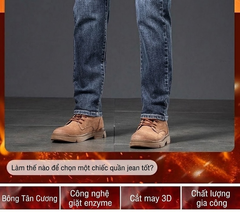 Quần Jean Nam Ống Đứng Co Giãn Lót Lông Cừu Dày Dặn Màu Xanh Dương Đậm chi tiết 2