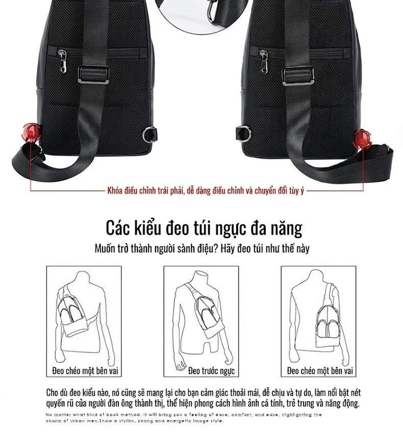 Túi Đeo Ngực/Đeo Vai Nam Da Thật Thời Trang Màu Đen chi tiết 11