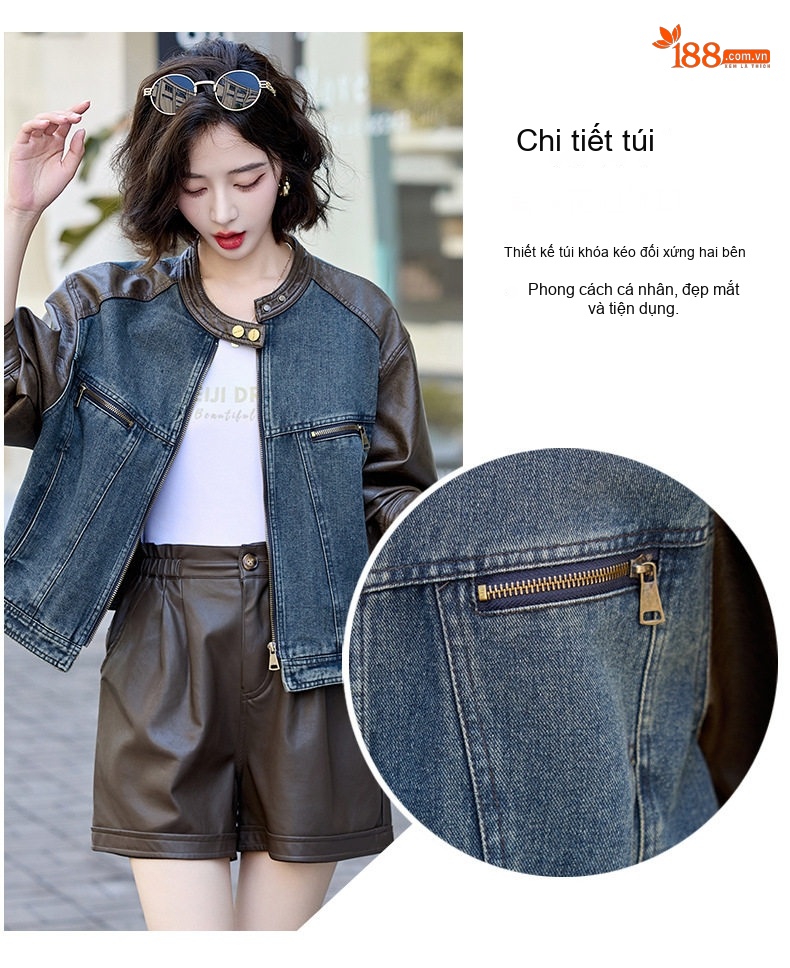 Áo Khoác Nữ Jean Phối Da Kiểu Retro Ngắn Tay Phong Cách Vintage Màu Xanh, Nâu chi tiết 8