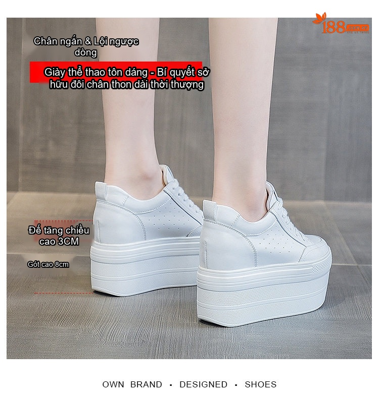 Giày Thể Thao Nữ Đế Cao 8cm Giày Bánh Mì Da Bò Buộc Dây Màu Trắng, Đen chi tiết 2