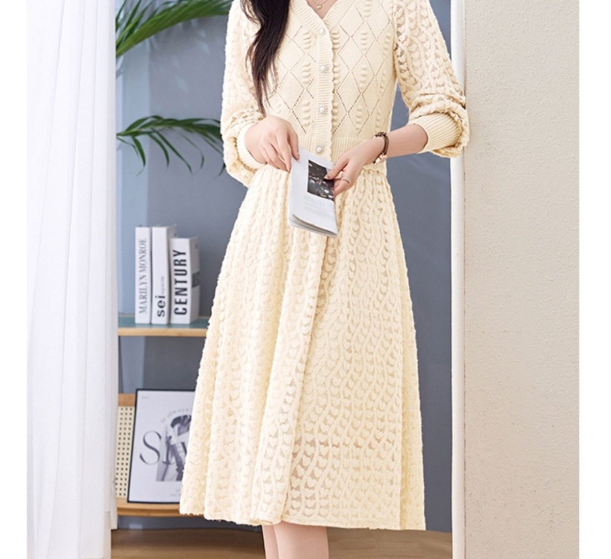Váy Dệt Kim Nữ Tay Dài Dáng Xòe Họa Tiết Lỗ Màu Be, Hồng, Đen chi tiết 39
