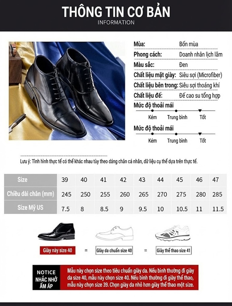 Giày Boot Martin Nam Cổ Thấp Da Bóng Chiều Cao Đế Khoảng 3cm Màu Đen chi tiết 6