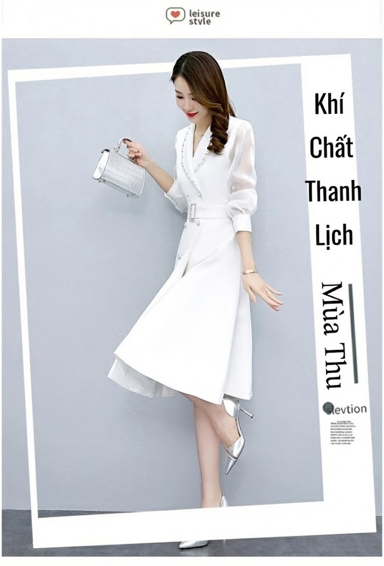 Váy liền thân Nữ Thu Đông dáng chữ A Cổ Bẻ Tay Lỡ Chiết Eo Qua Gối Phong Cách Quý Cô Màu Trắng, Đen chi tiết 3