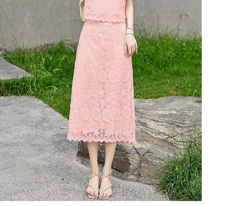 Set Áo Croptop Tay Ngắn và Chân Váy Dài Ren Cao Cấp Màu Hồng, Đen, Trắng chi tiết 18
