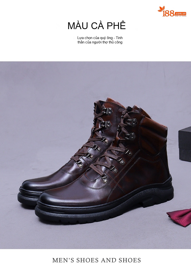 Giày Boot Nam Da Bò Cổ Cao Đế Dày Chiều Cao Đế Khoảng 5cm Phong Cách Anh Quốc Màu Đen, Nâu chi tiết 6