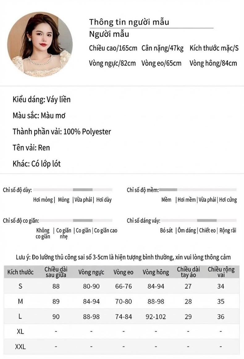 Váy Ôm Body Nữ Tay Phồng Hoa Nổi Chất Liệu Ren Phong Cách Tiểu Thư Màu Kem chi tiết 2