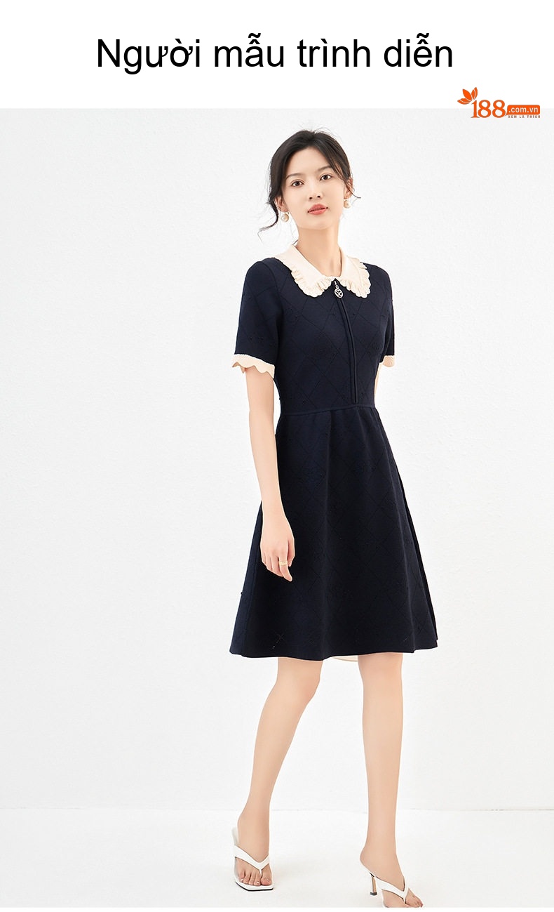 Váy Ngắn Tay Polo Nữ Dệt Kim Họa Tiết Trắng, Đen chi tiết 9