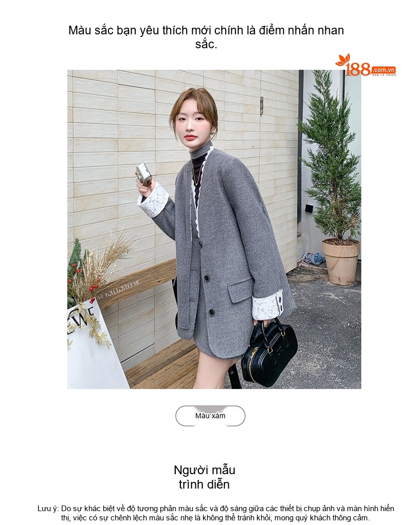 Bộ Áo Blazer Quần Short Nữ Vải Lông Cừu Phong Cách Tiểu Thư Hàn Quốc Lót Lông Vũ Dày Dặn Màu Xám chi tiết 16