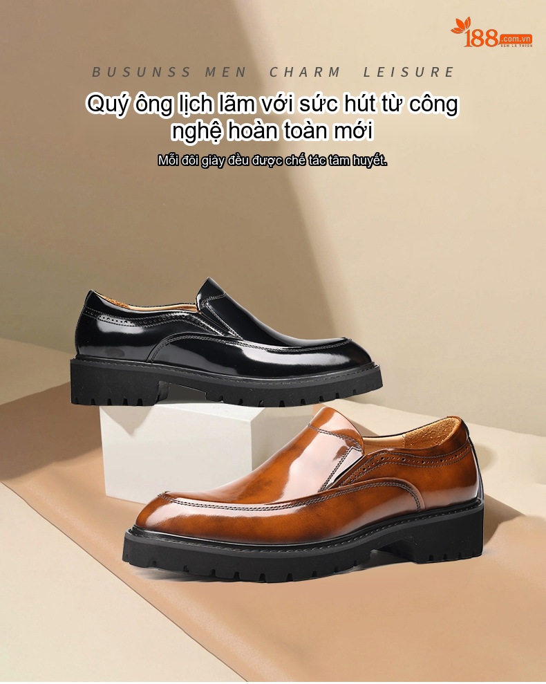 Giày Lười Nam Da Bò Bóng Chiều Cao Đế Khoảng 4cm Màu Đen, Nâu chi tiết 1