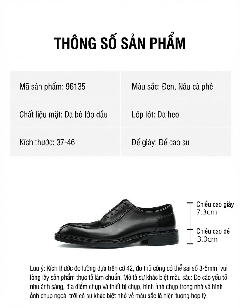Giày Tây Buộc Dây Nam Da Bóng Chiều Cao Đế Khoảng 3cm Màu Đen, Nâu chi tiết 2