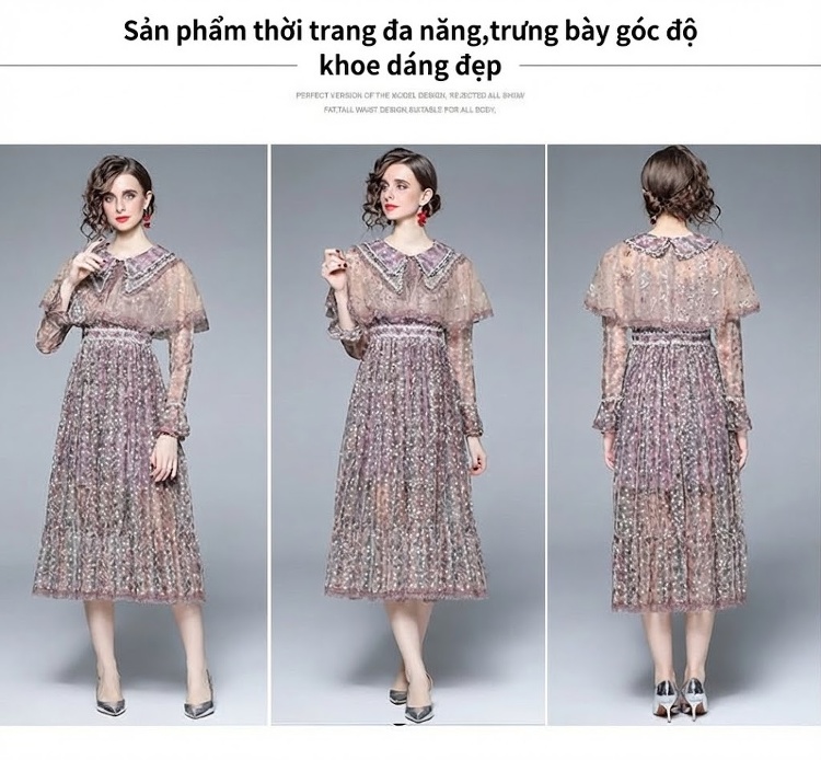Váy Đầm Nữ Dáng Dài Trung Niên Cổ Búp Bê Tay Dài Voan Lưới Họa Tiết Hoa Nhí Màu Tím, Hồng, Be chi tiết 11